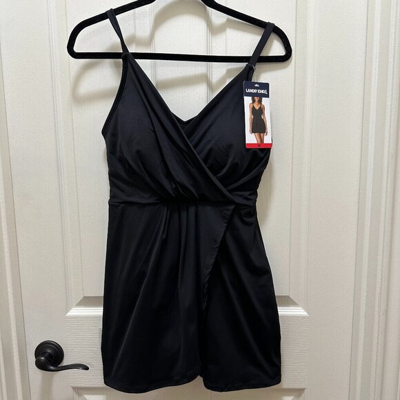 New Lands' End One Piece Swimsuit Size M Black Tulip Wrap Swim Dress Feminine - Picture 2 of 15